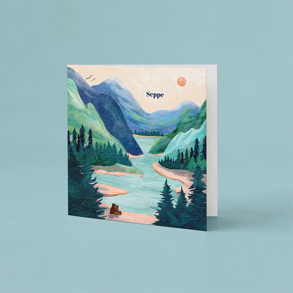 Geboortekaartje met berglandschap en twee kleine beertjes vierkant