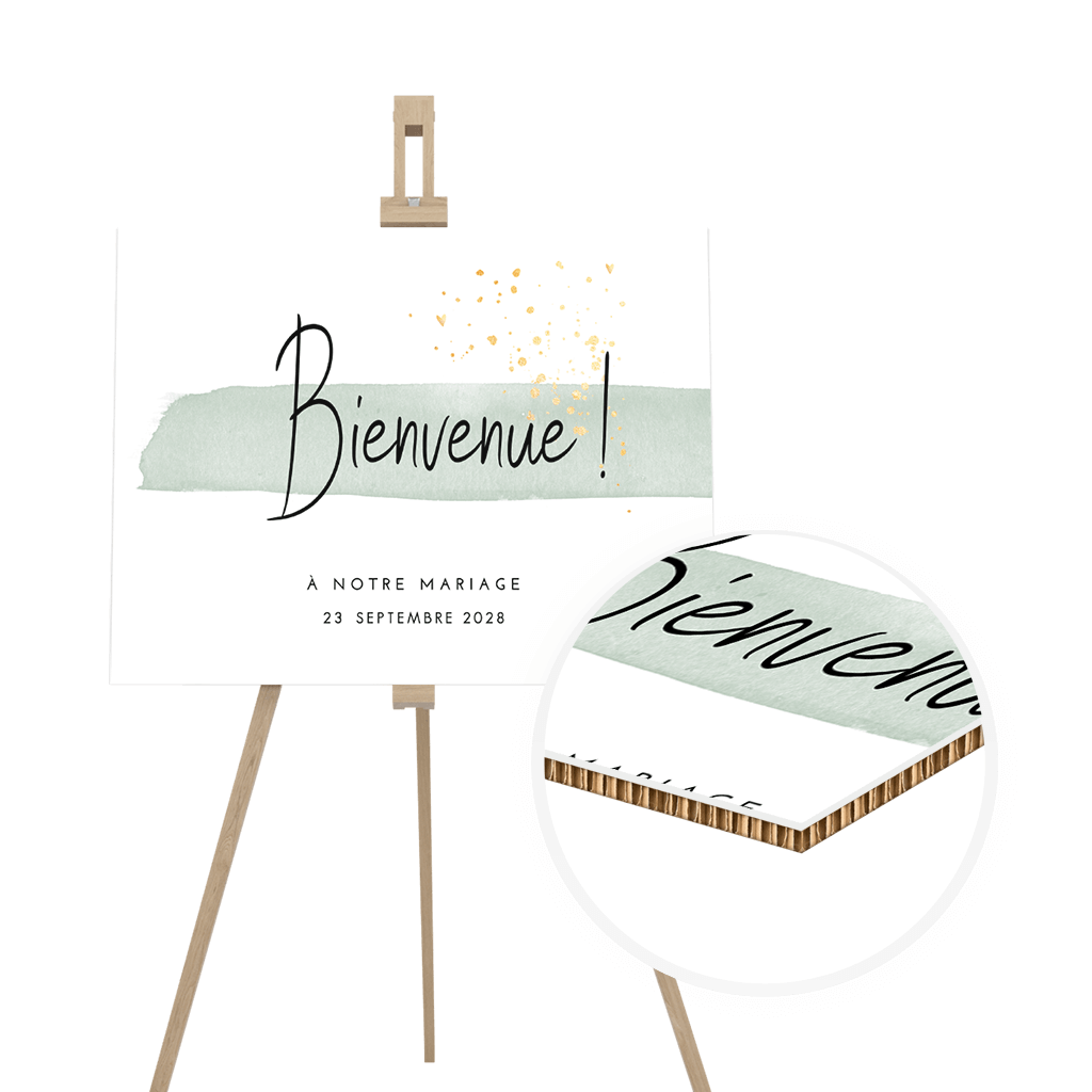 Panneau de bienvenue avec un trait d'aquarelle et des détails dorés