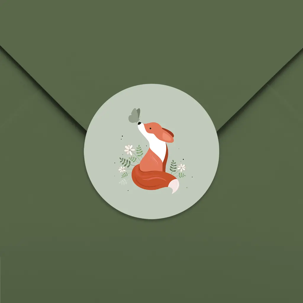 Sluitsticker groen met vosje en vlinder - per 25 stuks