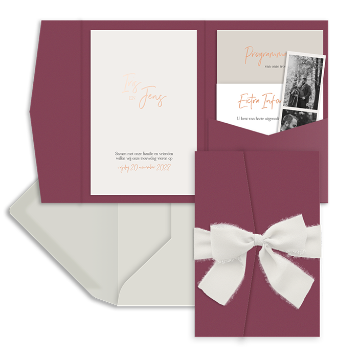 Stijlvolle trouwkaart voor pocketfold met roséfolie