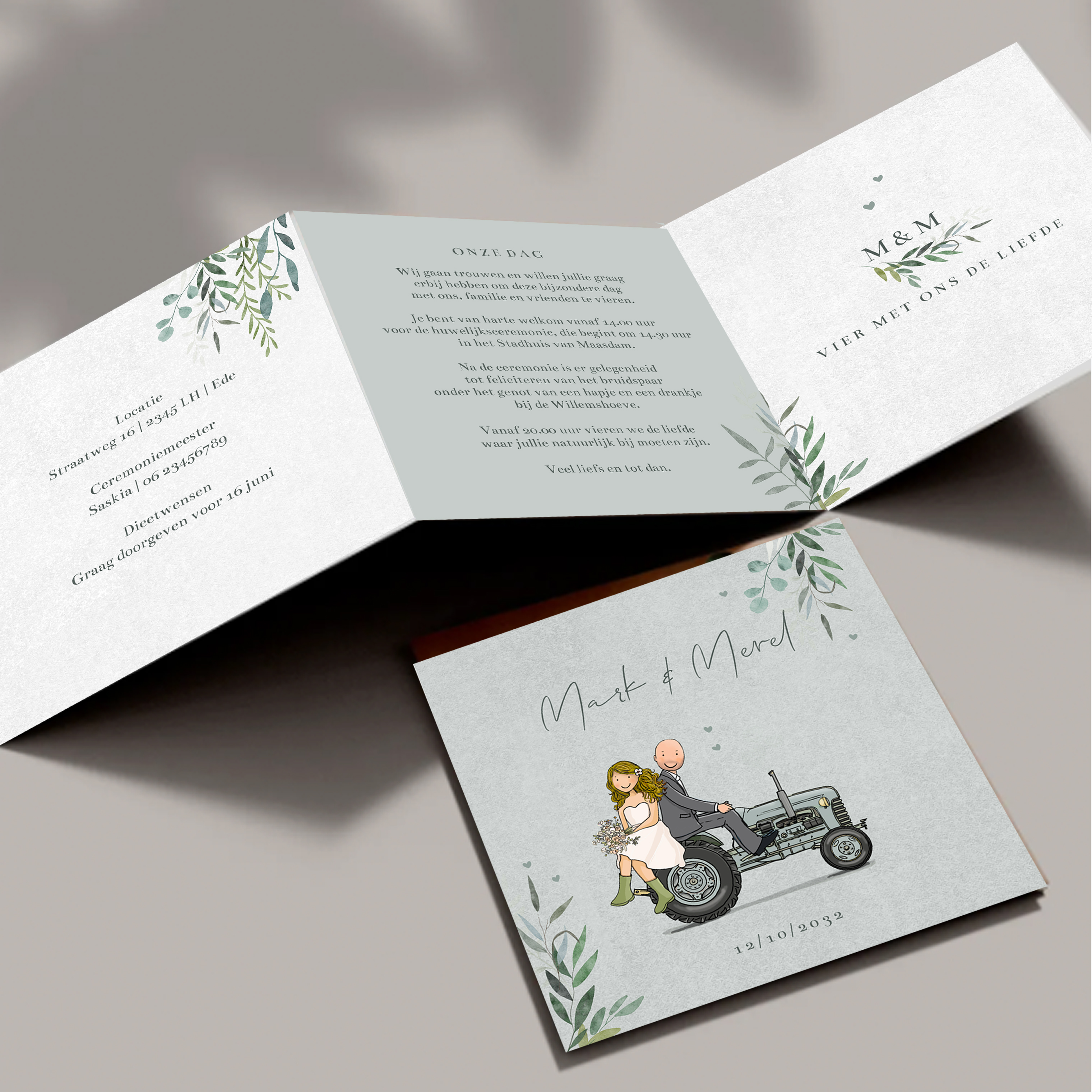 Trouwkaart zigzag trouwkaart met tractor