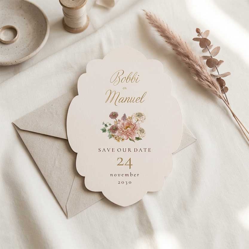 Save the Date kaart met bijzondere vorm en romantische bloemen