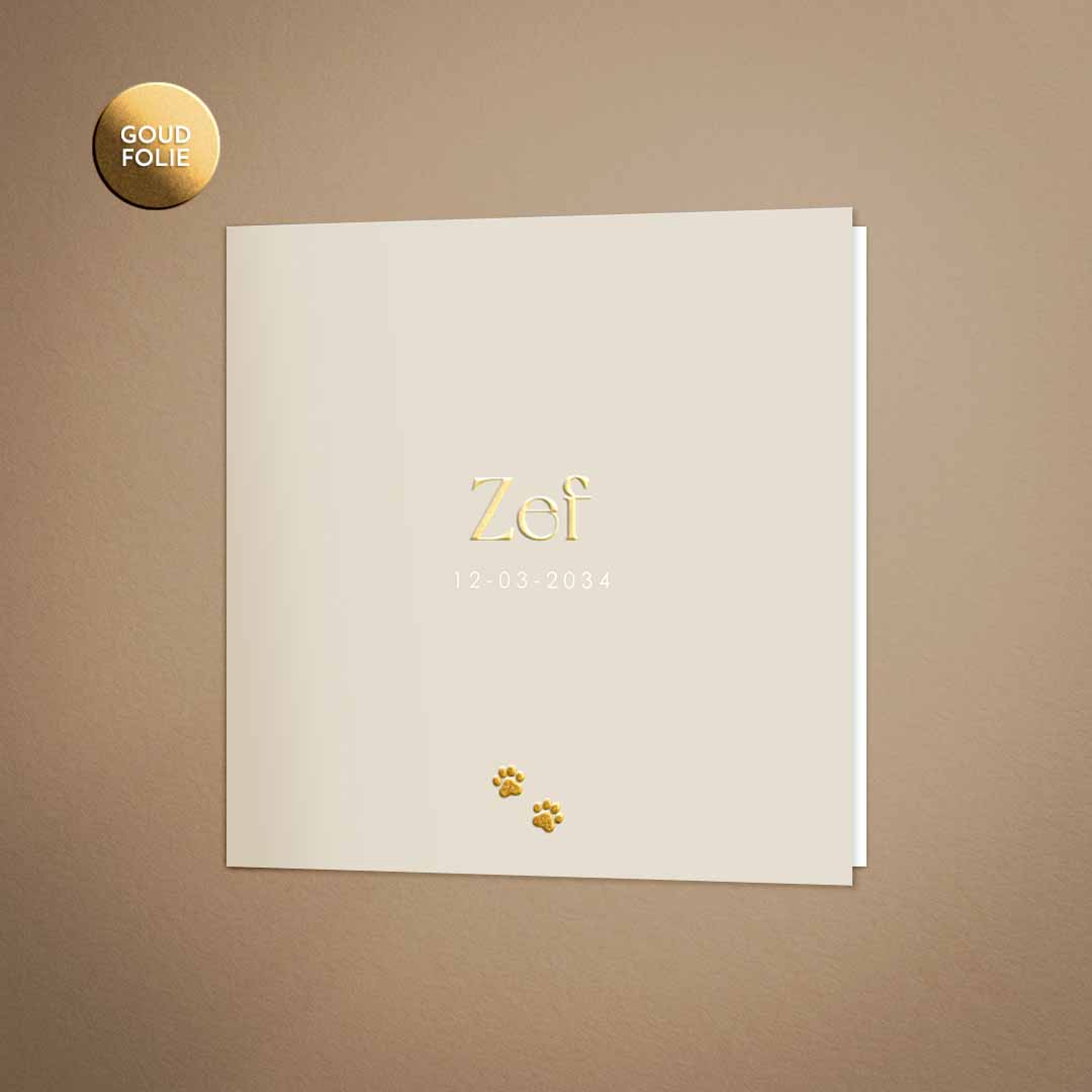 Geboortekaartje met voetstapjes huisdier en foto binnenkant