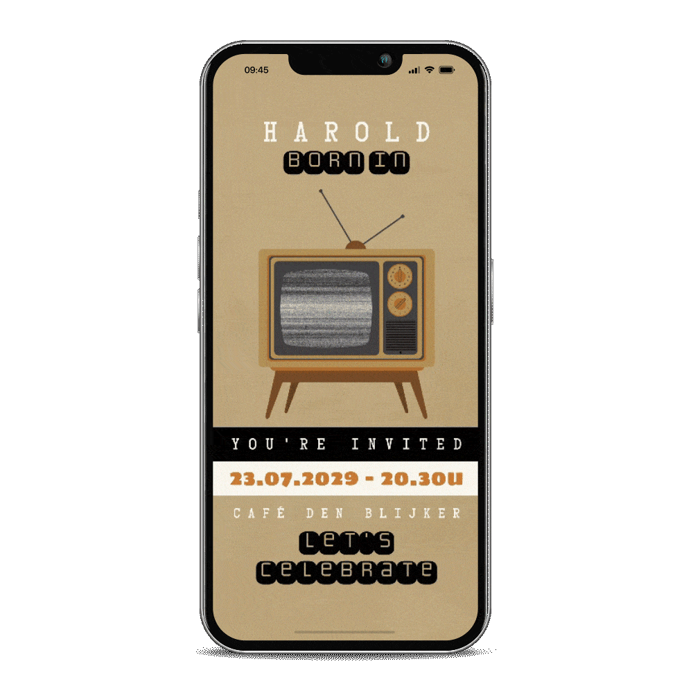 Bewegende verjaardagsuitnodiging 50 jaar in retro look met eigen foto