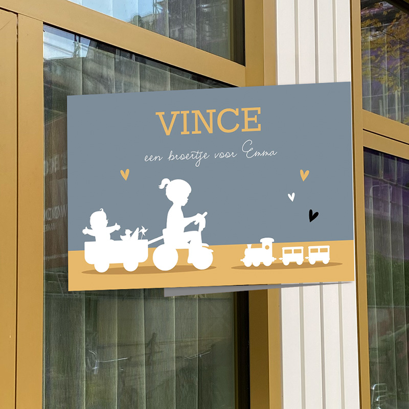Geboortebord 2e kindje met zusje op fiets