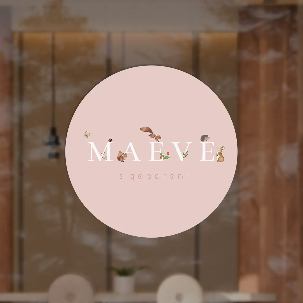 Raamsticker rond roze met bosdieren