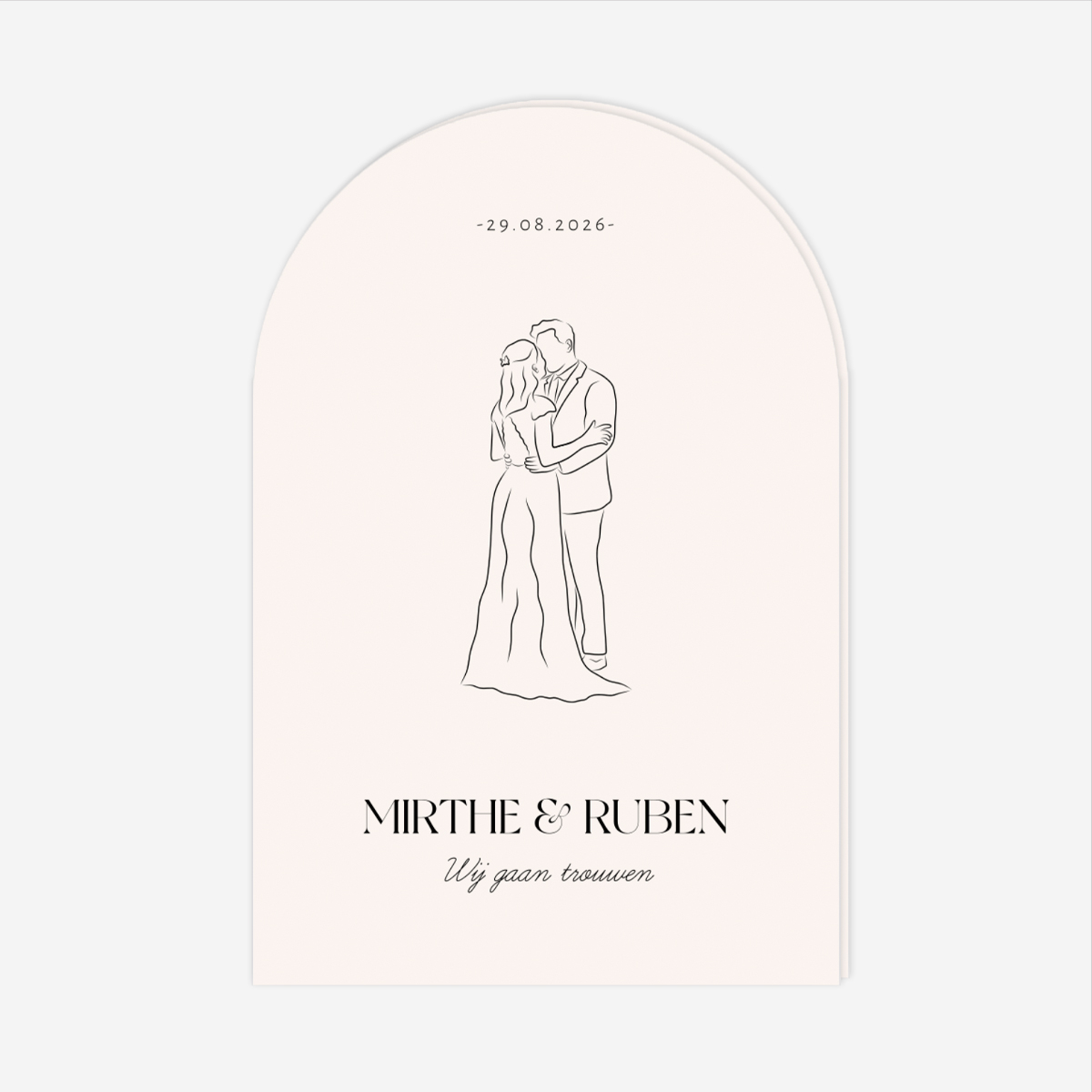 Staande boogvorm trouwkaart lijntekening koppel