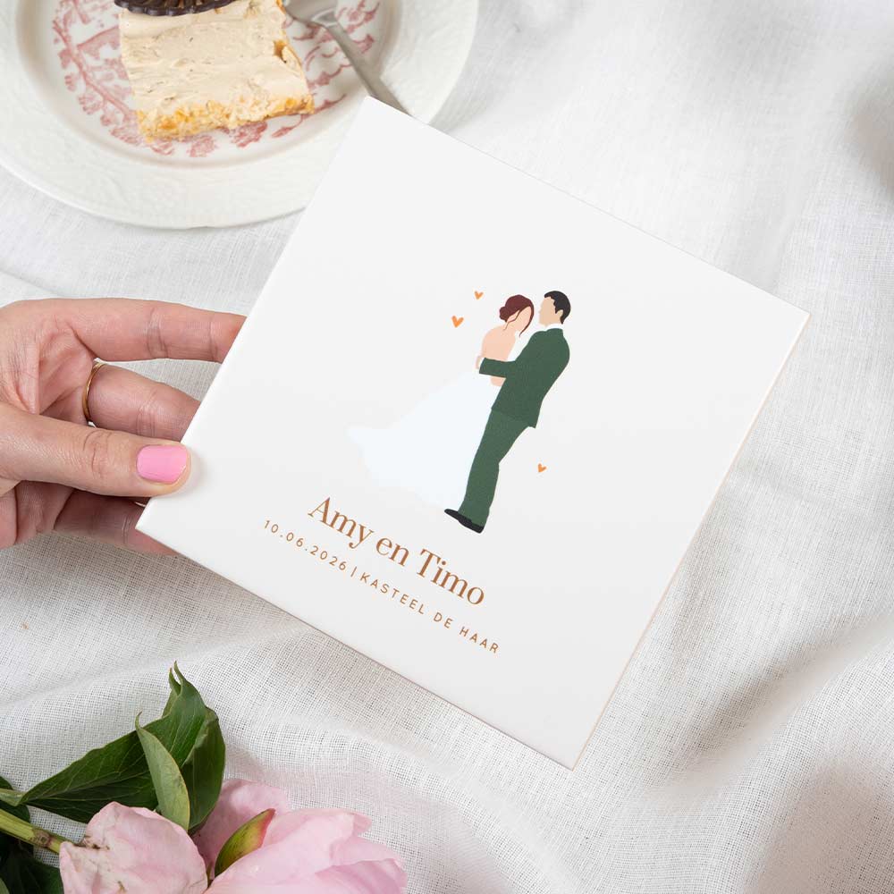 Bruiloft tegeltje met romantische illustratie bruidspaar