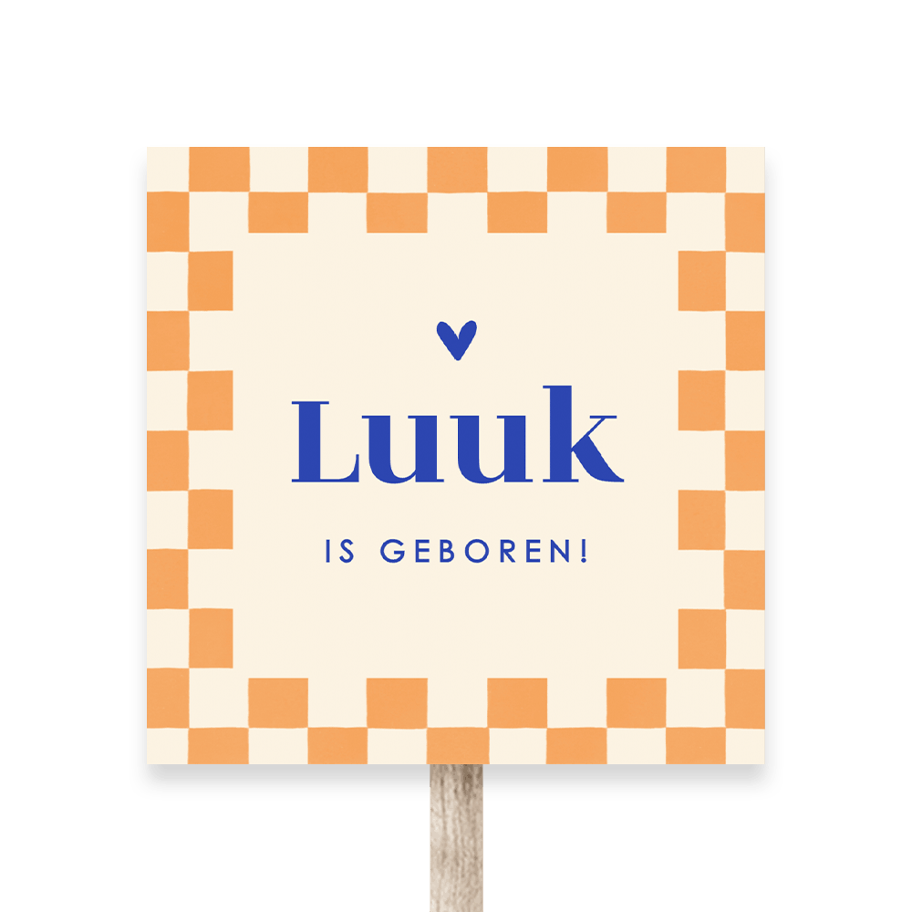 Geboortebord tuin met colorblocking oranje en blauw