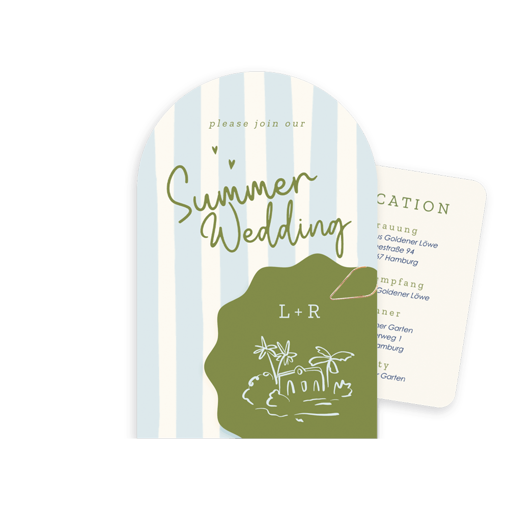 Sommerliche Hochzeitseinladung als Kartenset in Blau und Grün mit Palmenillustration