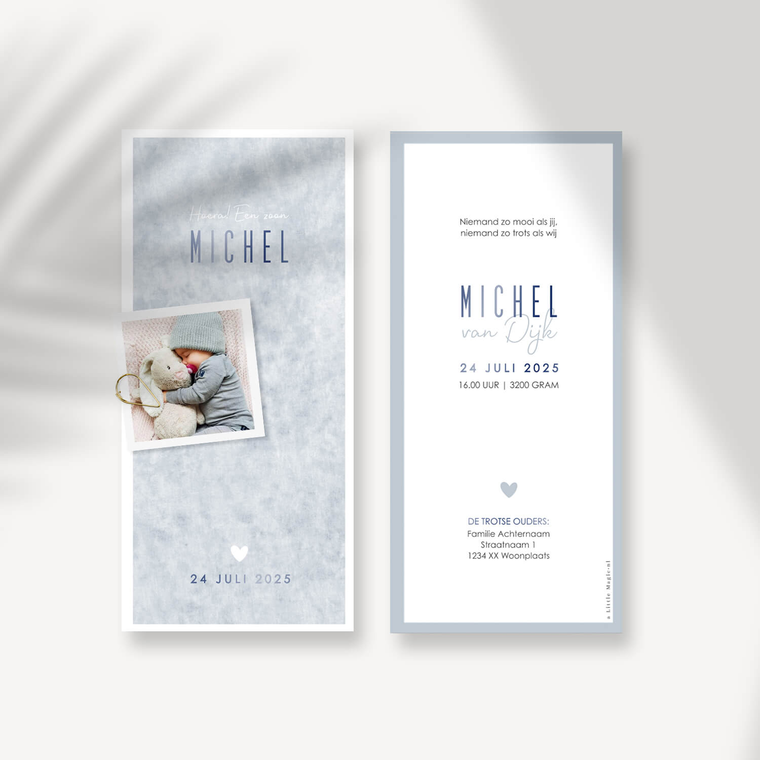 Geboortekaartje velvet look blauw met hoogglans