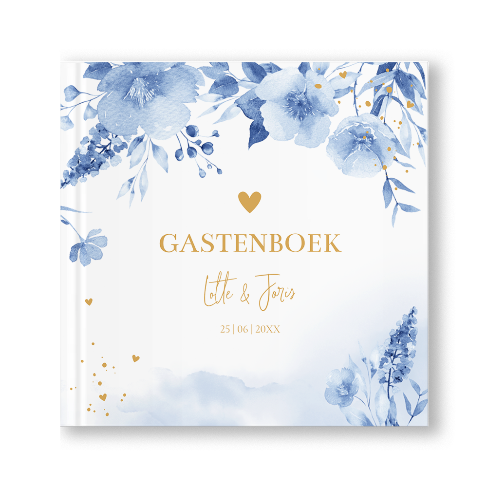 Gastenboek bruiloft watercolour bloemen blauw