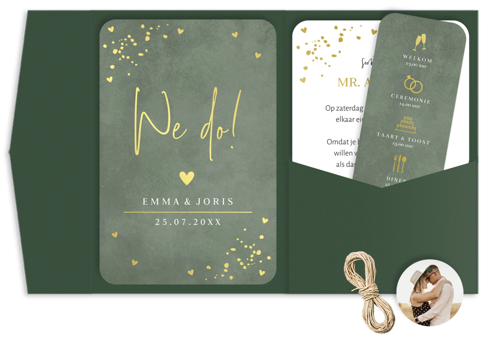 Pocketfold trouwkaart groen hartjes goudfolie