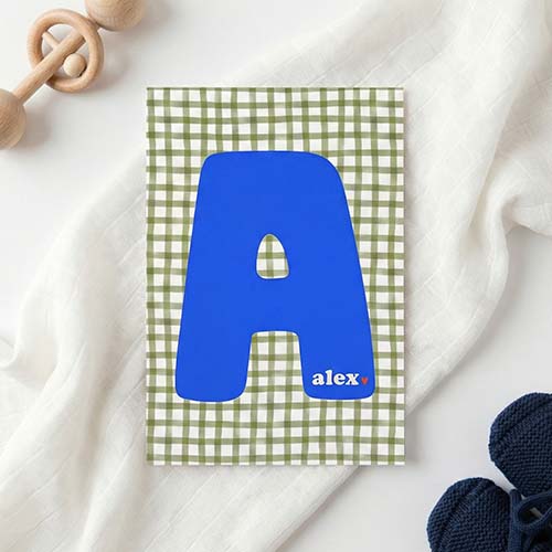 Geboortekaartje jongen kleurrijk ruitjes letter