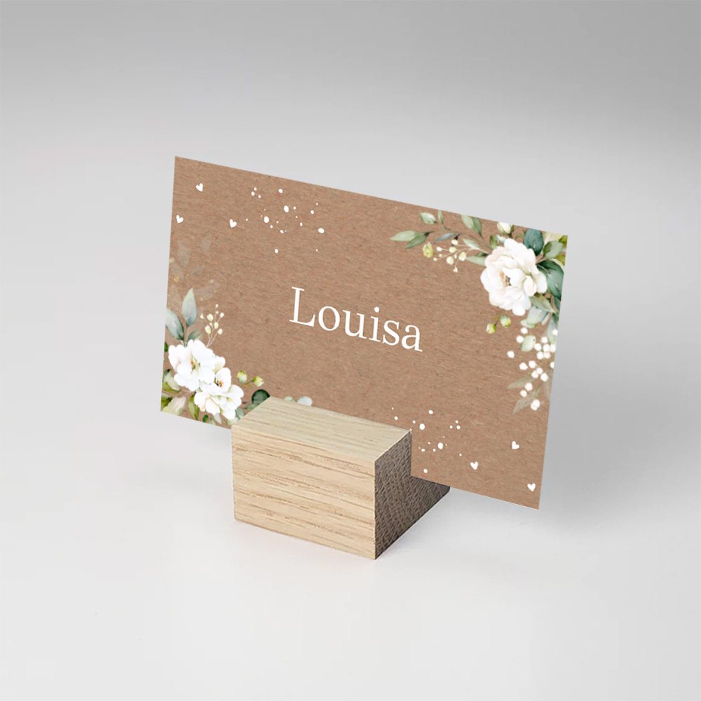 Naamkaartjes huwelijk botanisch bloemen wit kraftlook