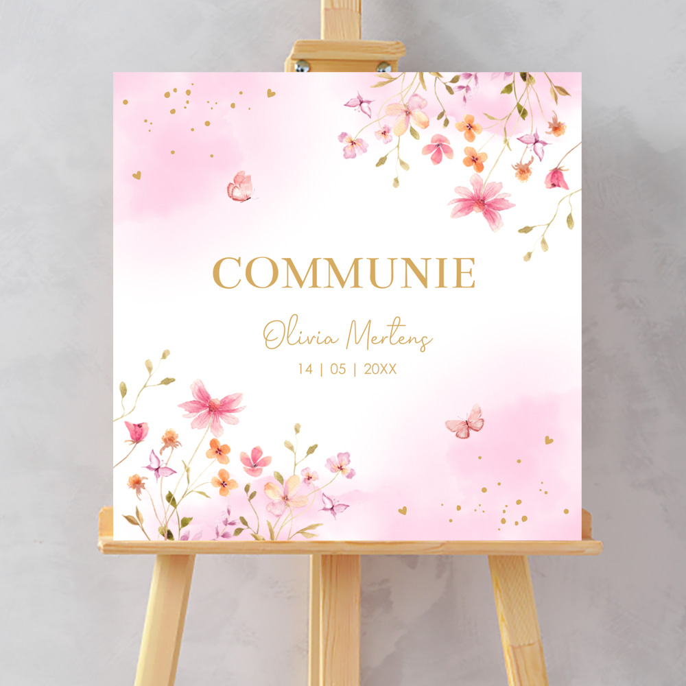 Welkomstbord communie meisje roze bloemen watercolor