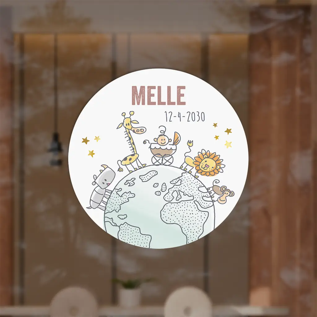 Raamsticker rond met jungledieren op wereldbol