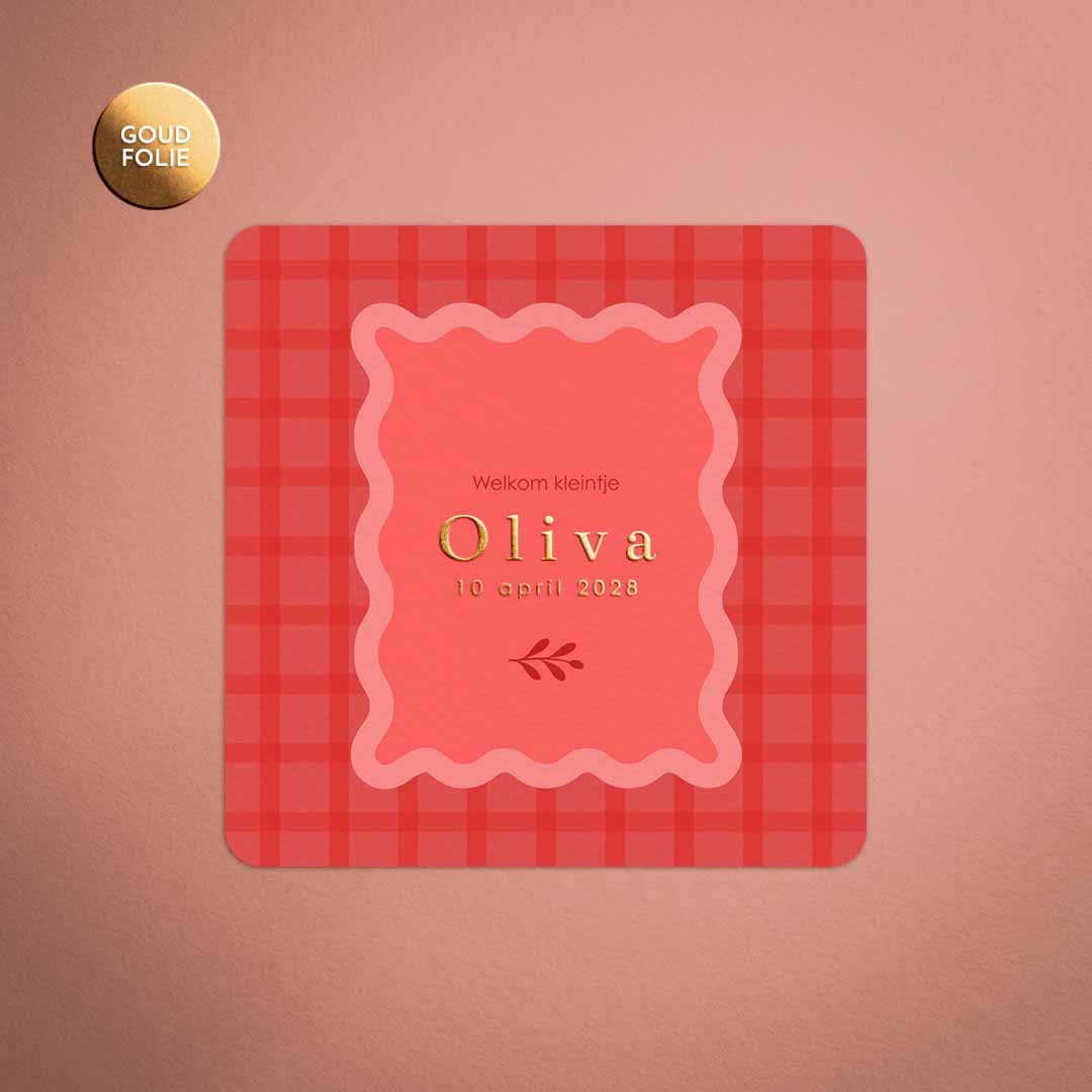 Kleurig geboortekaartje met ruitjes en goudfolie voor een meisje