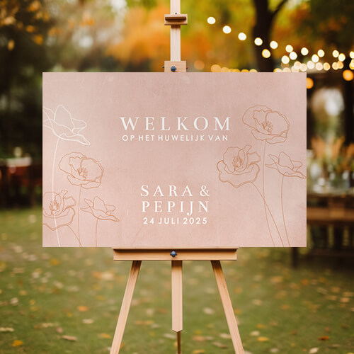 welkomstbord bruiloft oudroze velvet lijntekening klaprozen