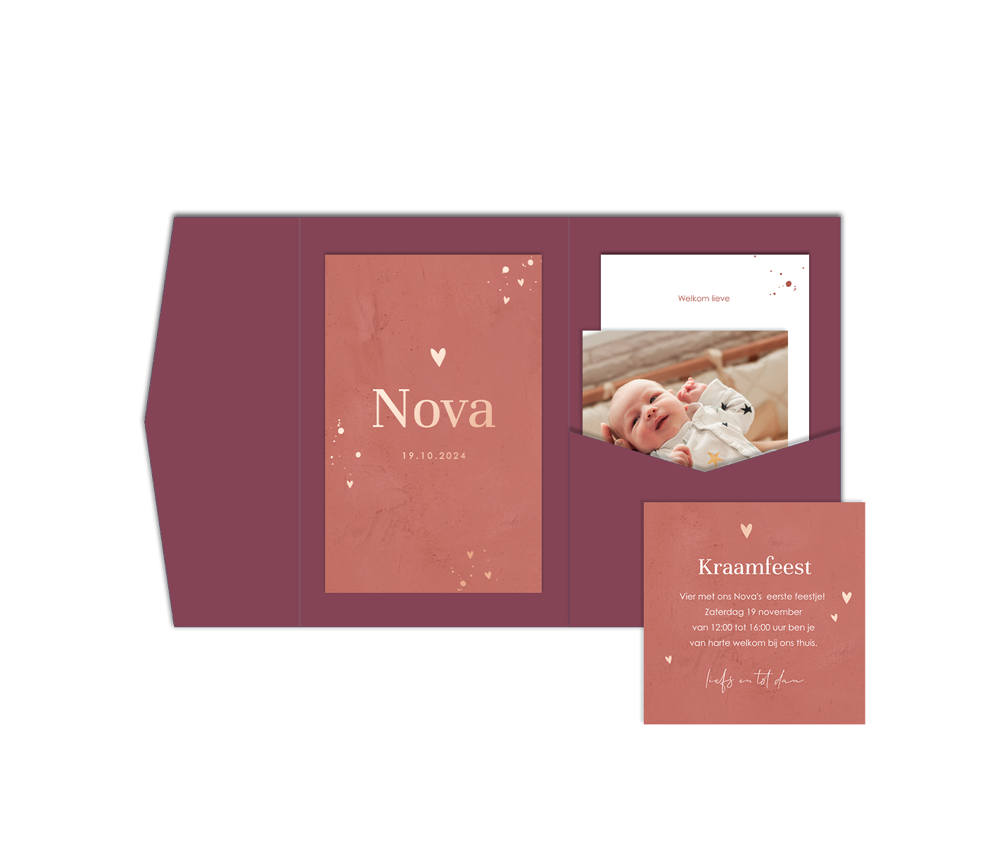 Pocketfold geboortekaartje roze met roségoudfolie