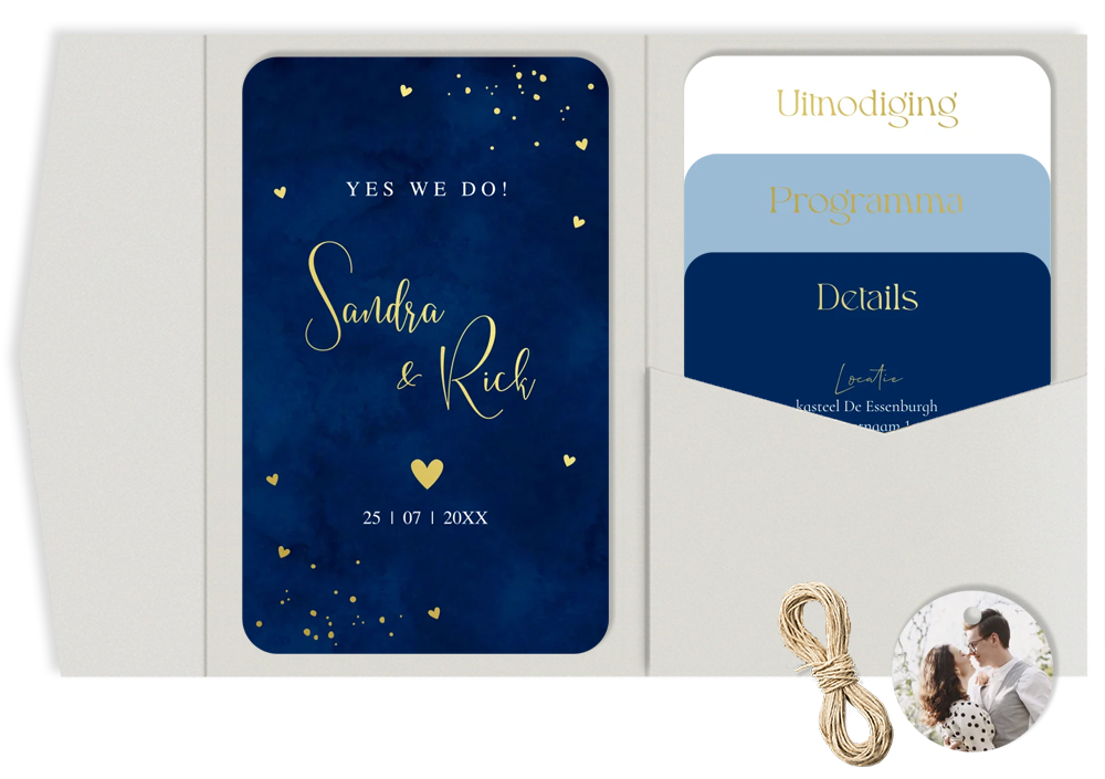 Pocketfold trouwkaart blauw meerdere kaartjes goudfolie