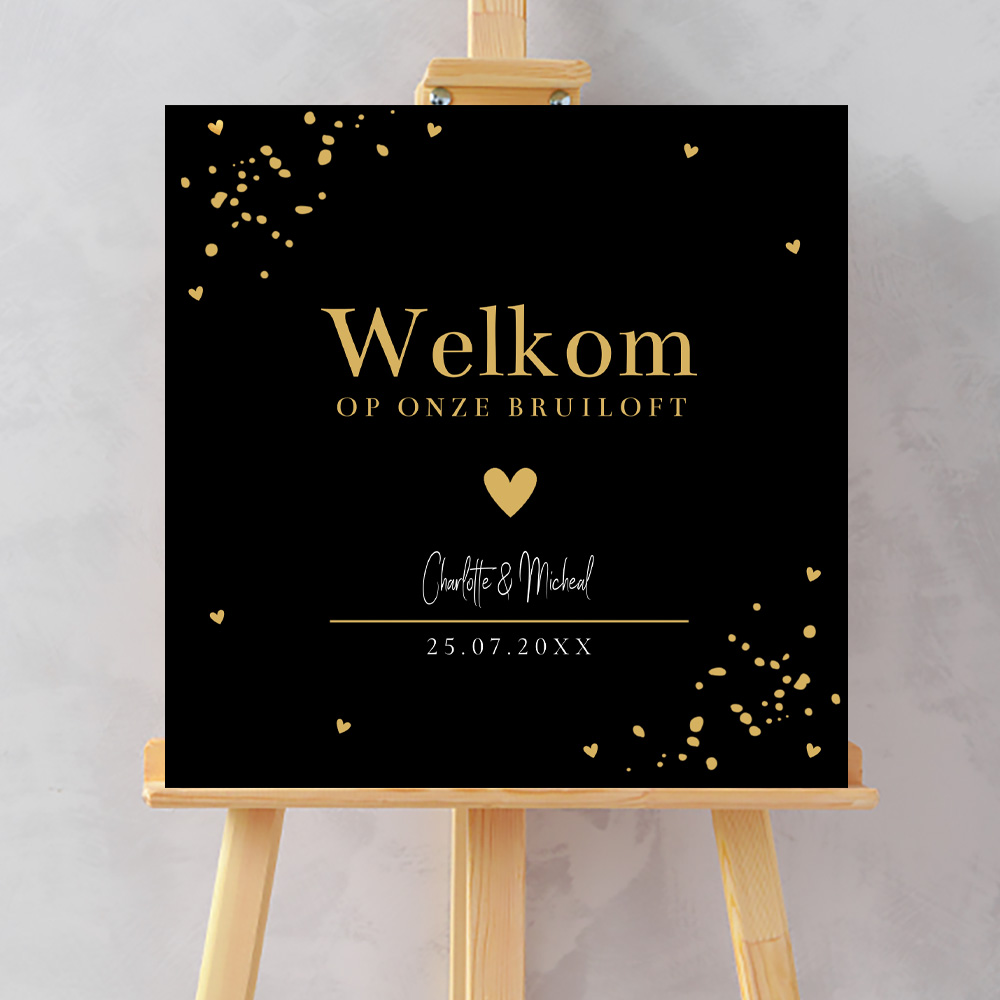 Bruiloftsbord zwart vierkant hartje stijlvol