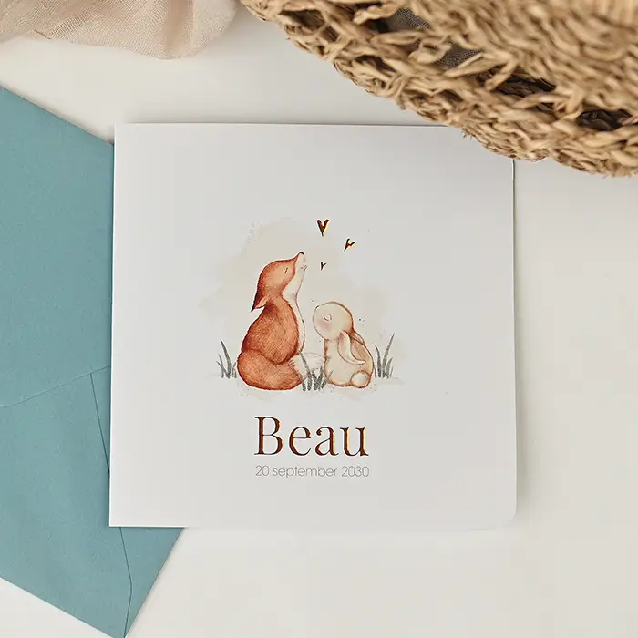 Lief geboortekaartje unisex met illustratie konijntje en vosje