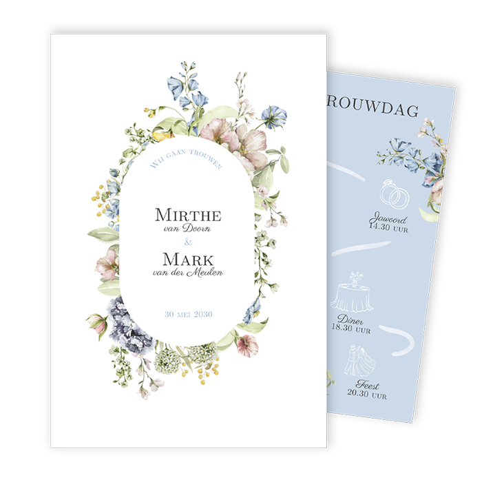 Romantische trouwkaart met veel bloemen