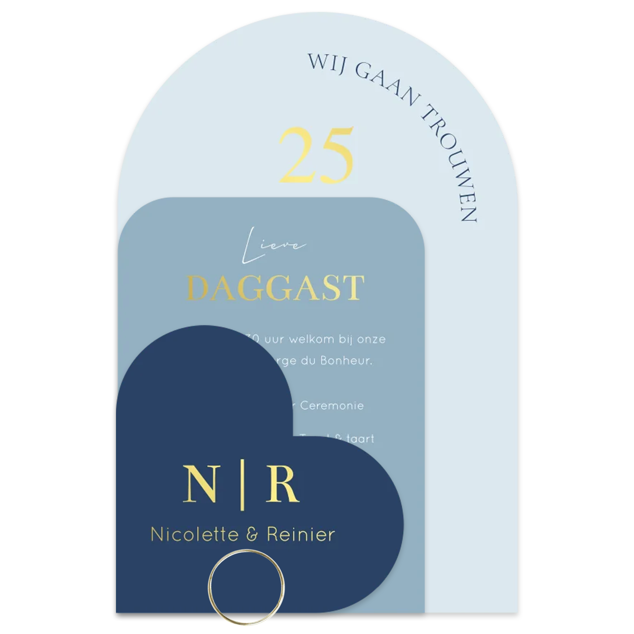 Stijlvolle label trouwkaart blauw hartje luxe goudfolie