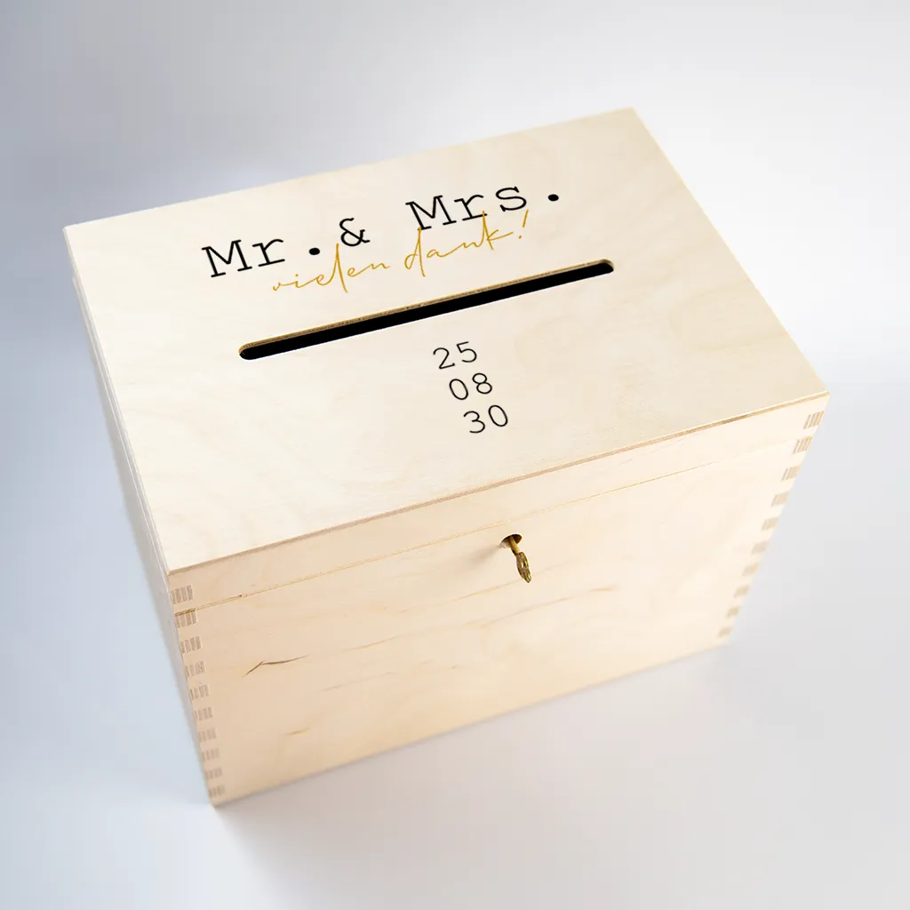 Umschlagbox Hochzeit mit ockergelber und schwarzer Schrift