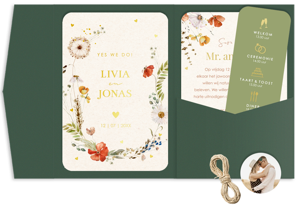 Pocketfold trouwkaart set veldbloemen groen goudfolie
