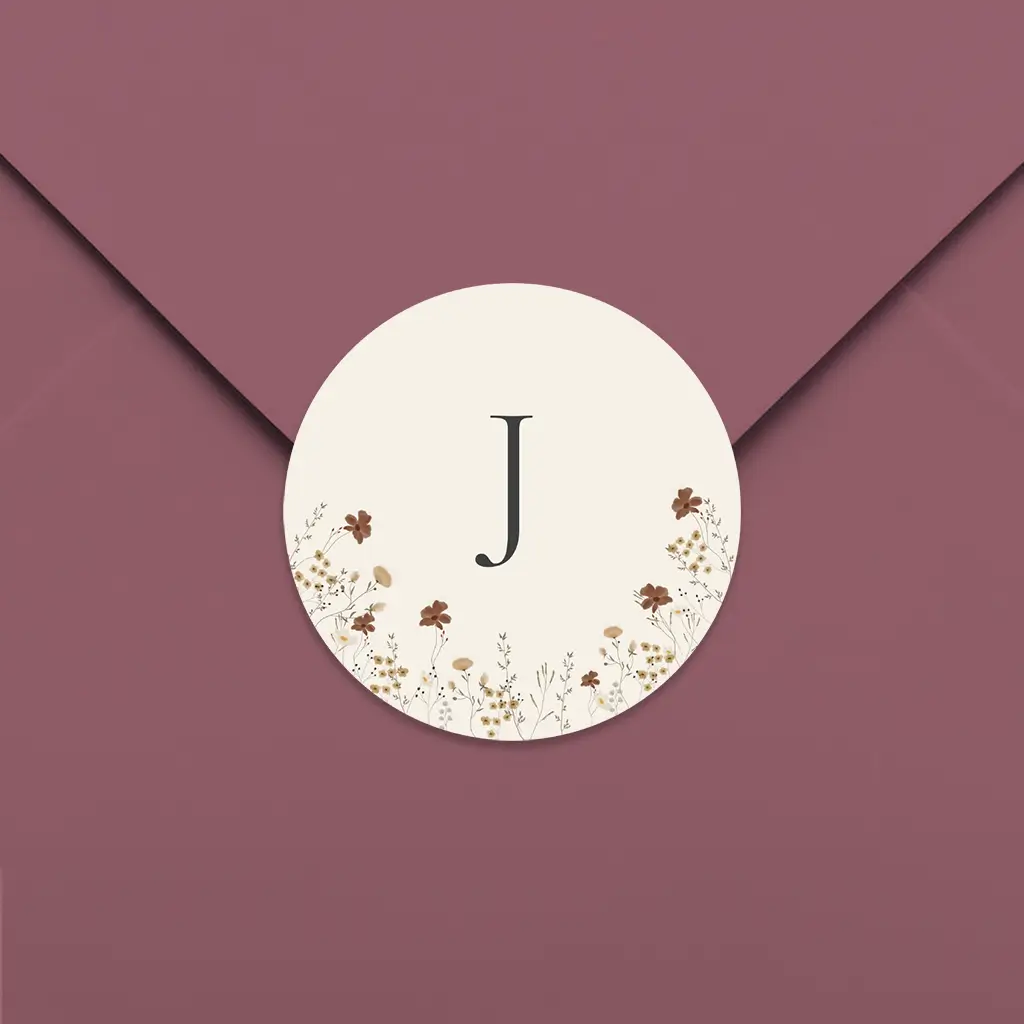 Sluitsticker met veldbloemen en initiaal - per 25 stuks