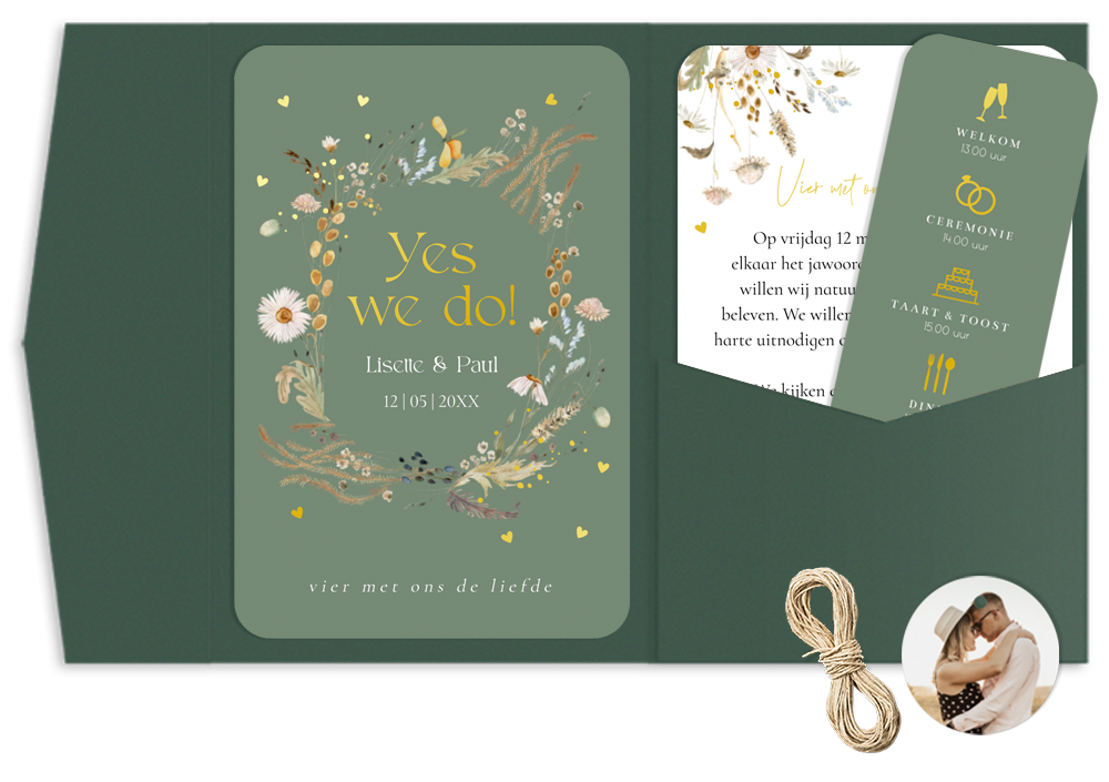 Pocketfold trouwkaart set veldbloemen groen goudfolie