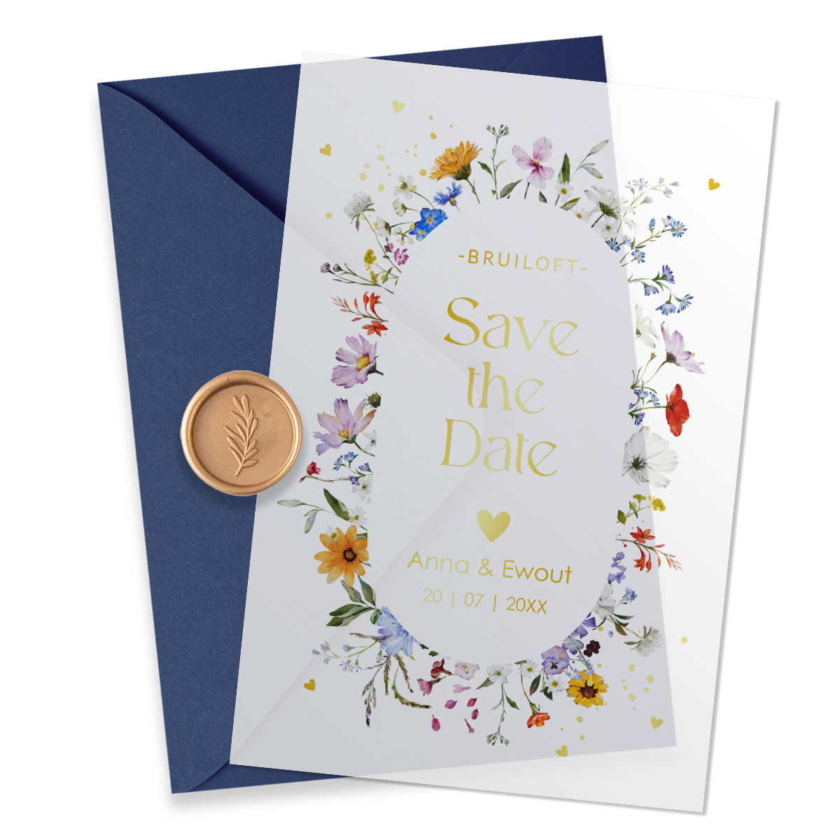 Save the Date kaart kalkpapier bloemenkrans goudfolie