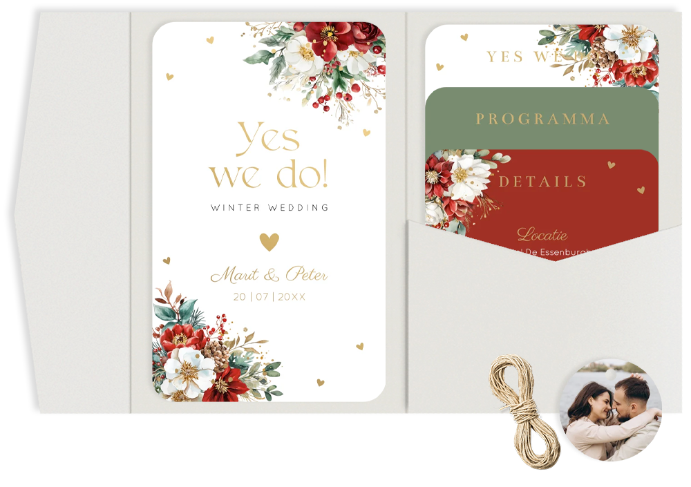 Pocketfold trouwkaart kerst bloemen rood goudfolie