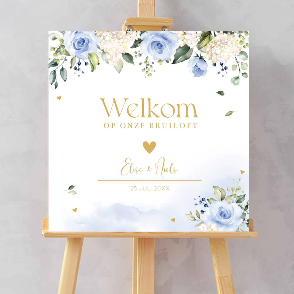 Bruiloftsbord bloemen blauw watercolour 70x70 cm