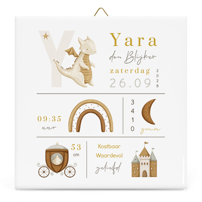 Geboortetegeltje meisje met geboortegegevens en draakje