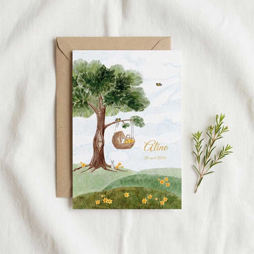 Geboortekaartje meisje met wiegje, boom en dieren in landschap