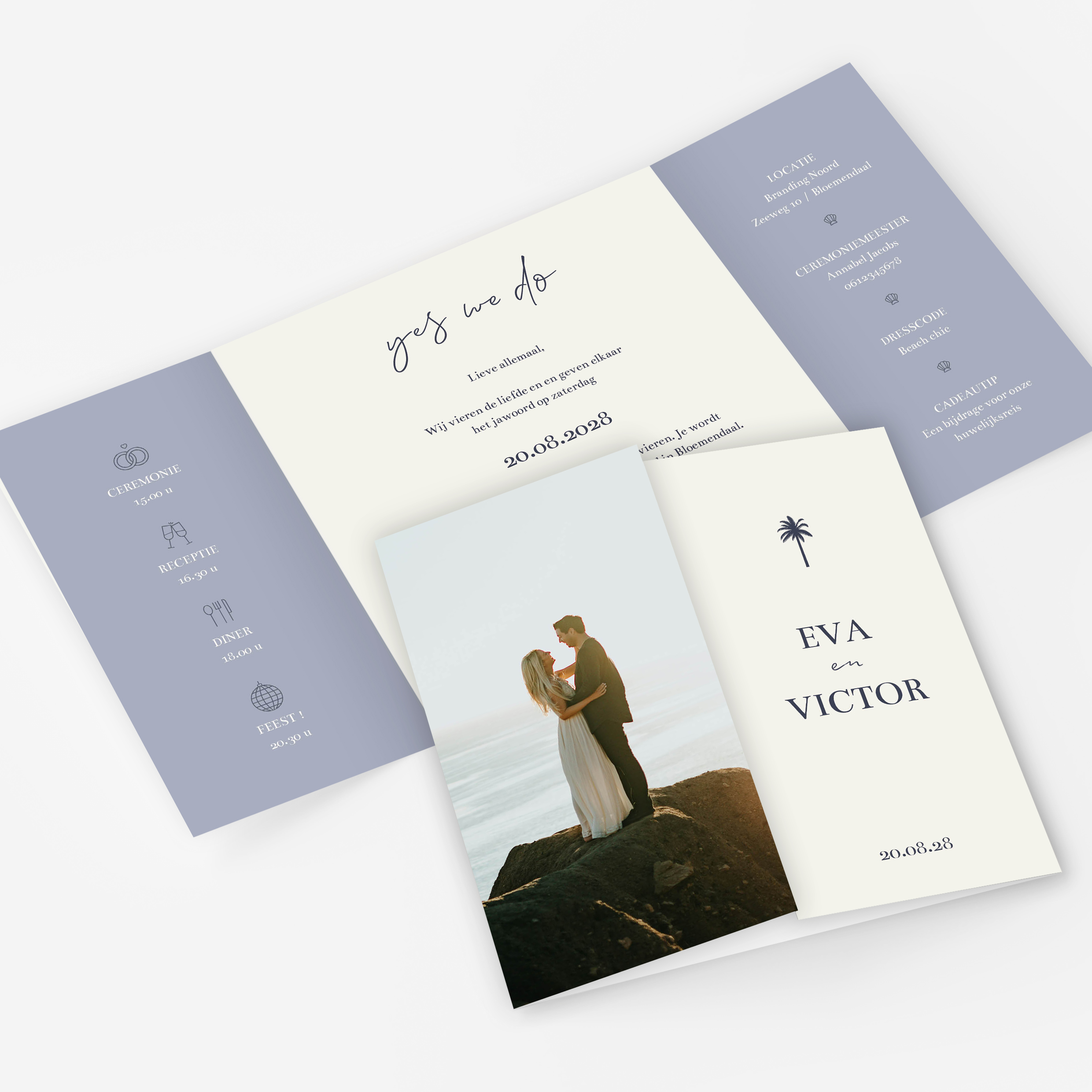 trouwkaart luikvouw beach thema met foto 