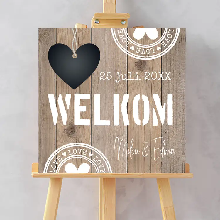 Bruiloftsbord houtlook hartje stempels 70x70 cm