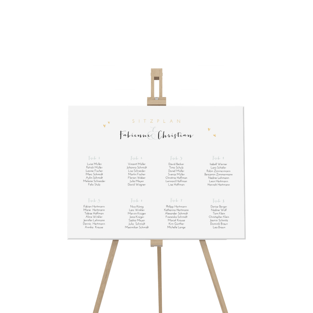 Sitzplan Schild mit Herzen und Typografie