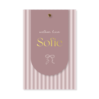 Lief mauve geboortekaartje met strikje en hippe streepprint