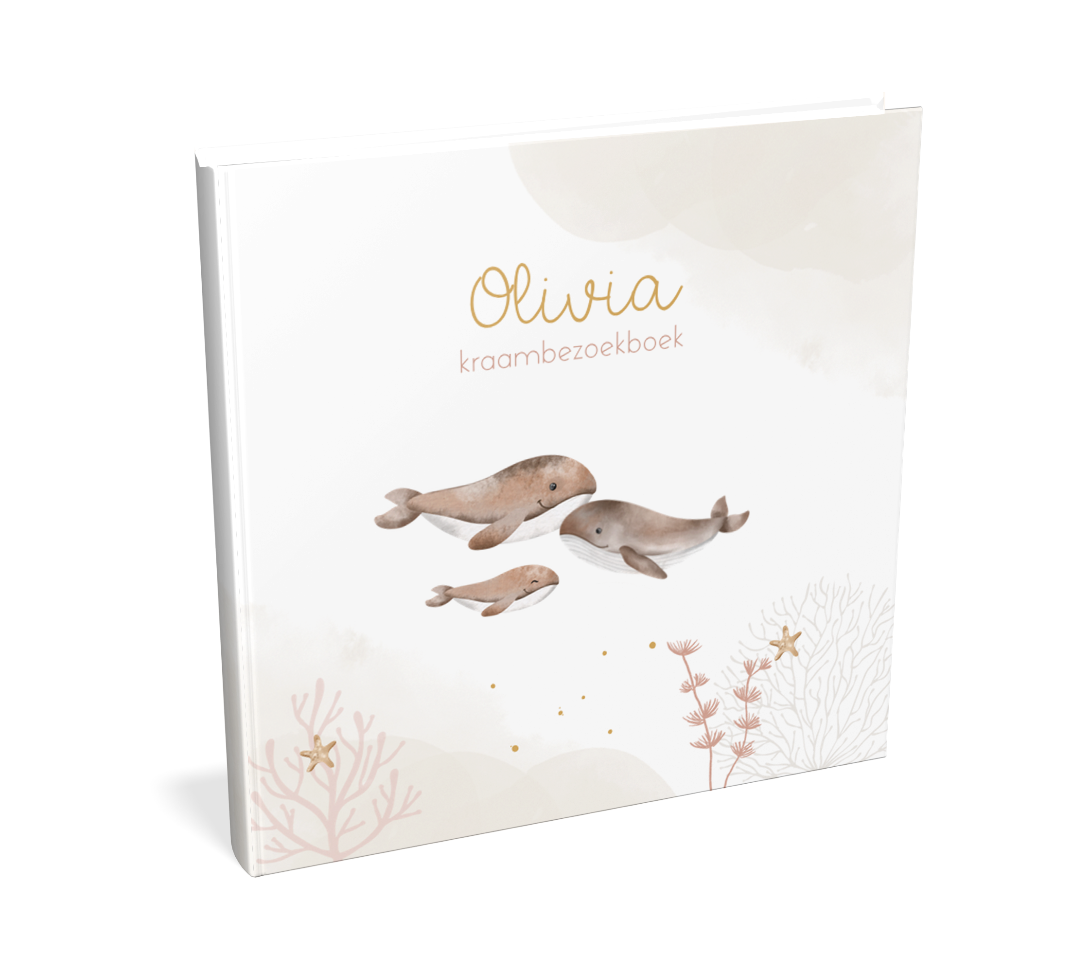Kraambezoekboek beige watercolour walvissen