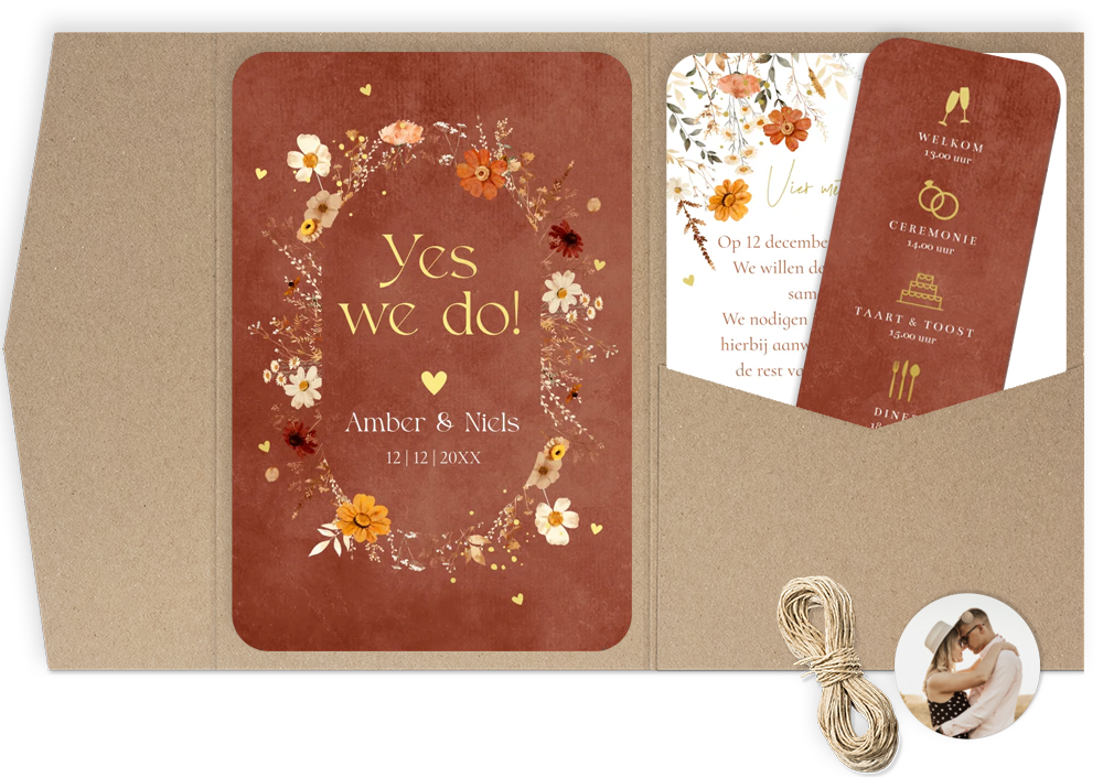 Pocketfold trouwkaart roestbruin herfst bloemen goudfolie