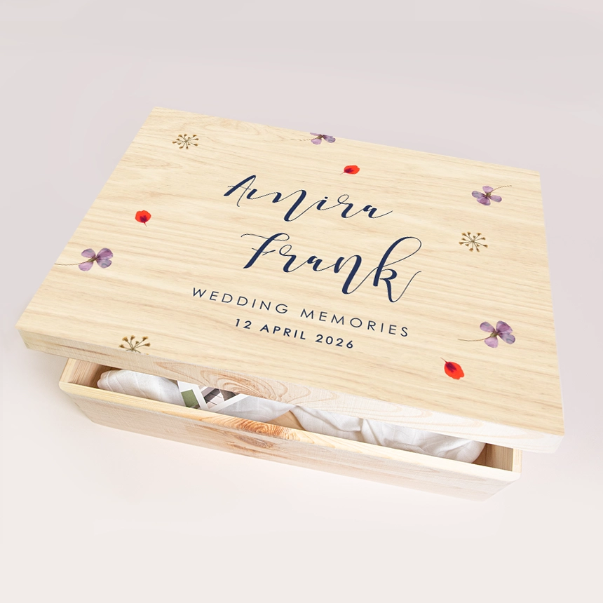 Herinneringsdoos bruiloft met gedroogde bloemen