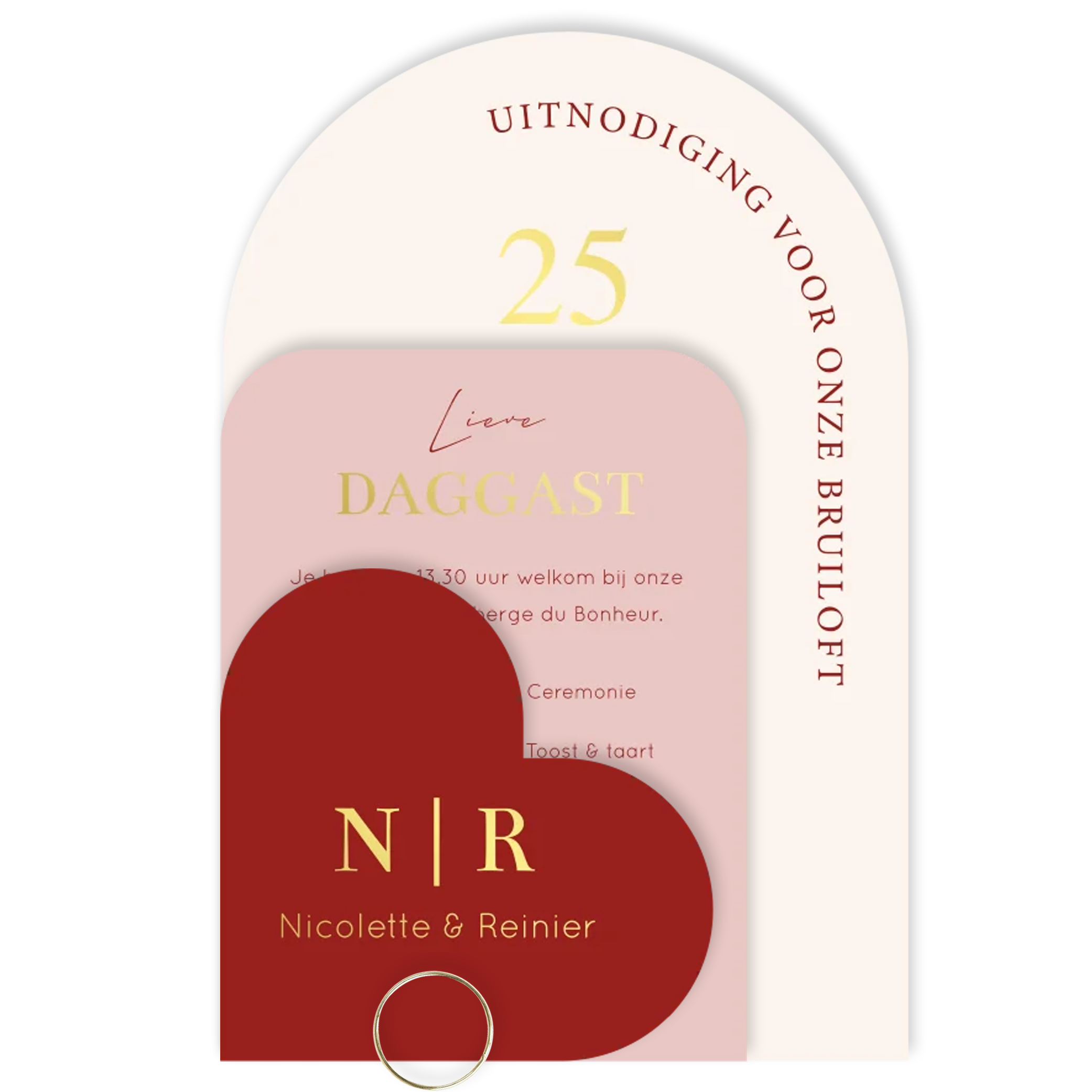 Label trouwkaart rood roze hartje goudfolie | 11.4 × 17.1 cm