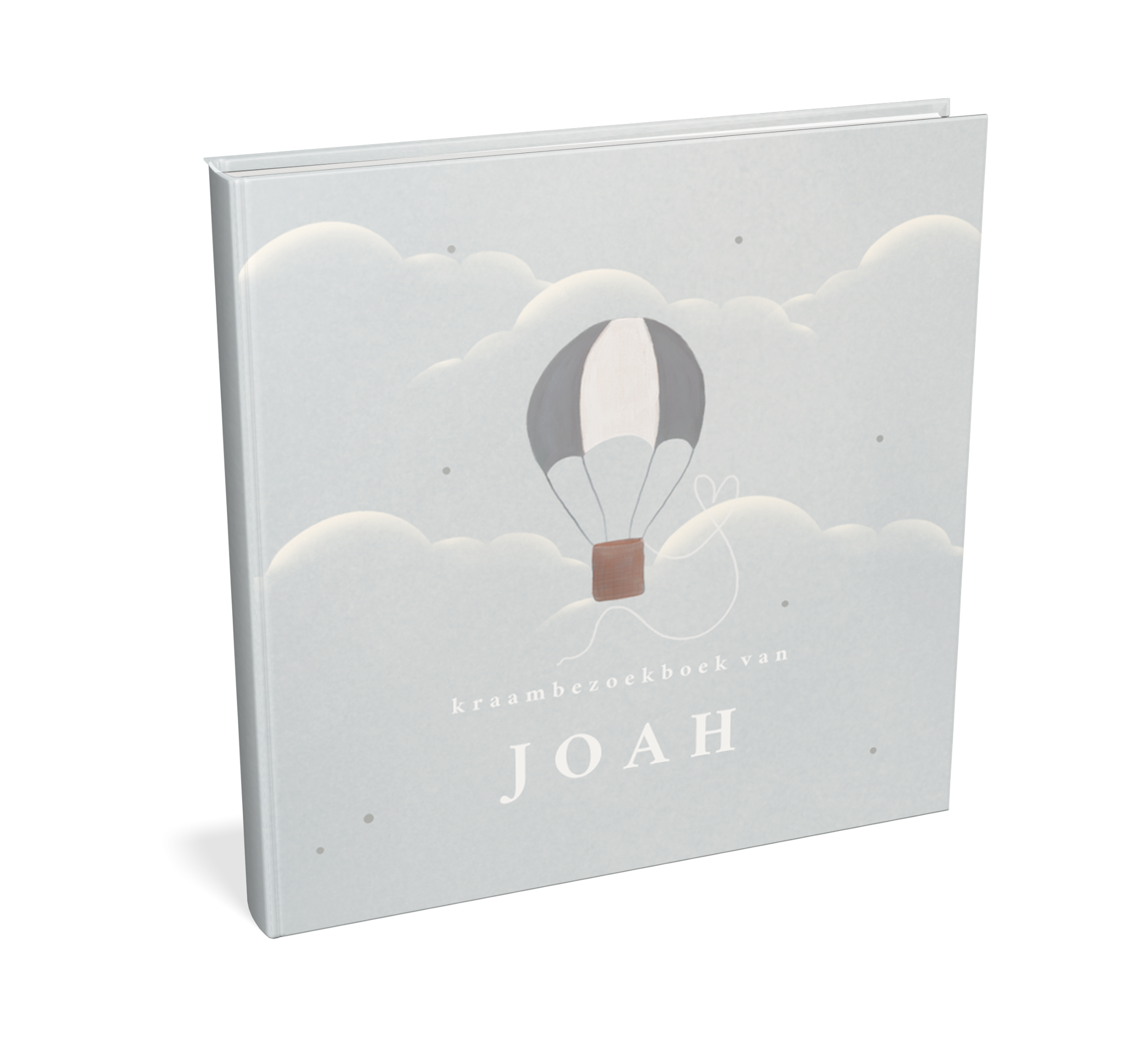 Blauw stijlvol kraambezoekboek met luchtballon in wolken