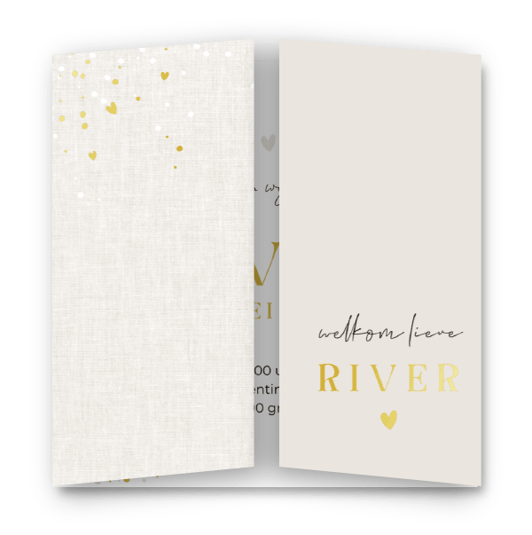 Stijlvol beige geboortekaartje | Luikvouw, linnenlook & goudfolie