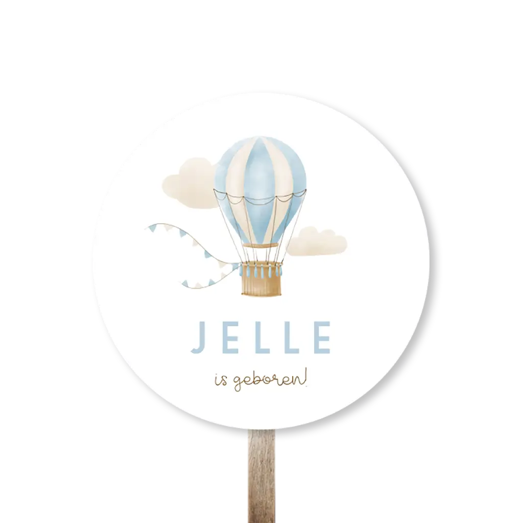 Tuinbord met illustratie van blauwe luchtballon en slingers