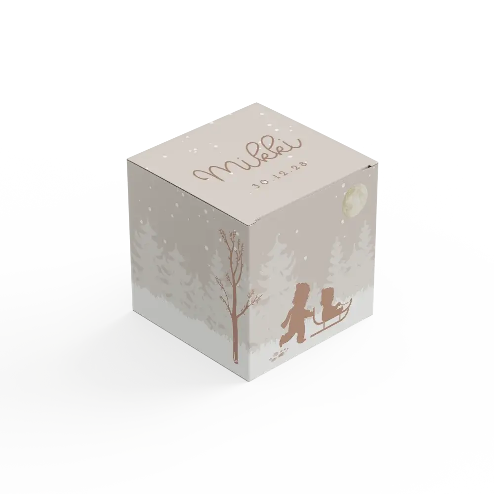 Winters doopsuiker doosje met silhouetten in de sneeuw